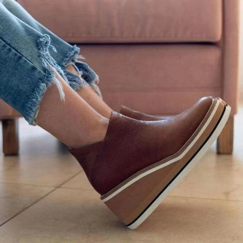 Comfortable Leather Wedge Ankle Boots brown2