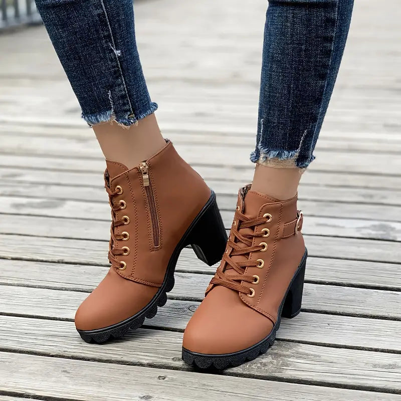 Lace-Up Chunky Heel Ankle Boots brown1