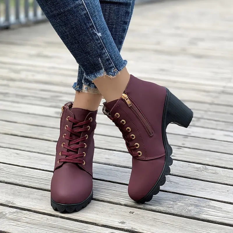 Lace-Up Chunky Heel Ankle Boots burgundy1