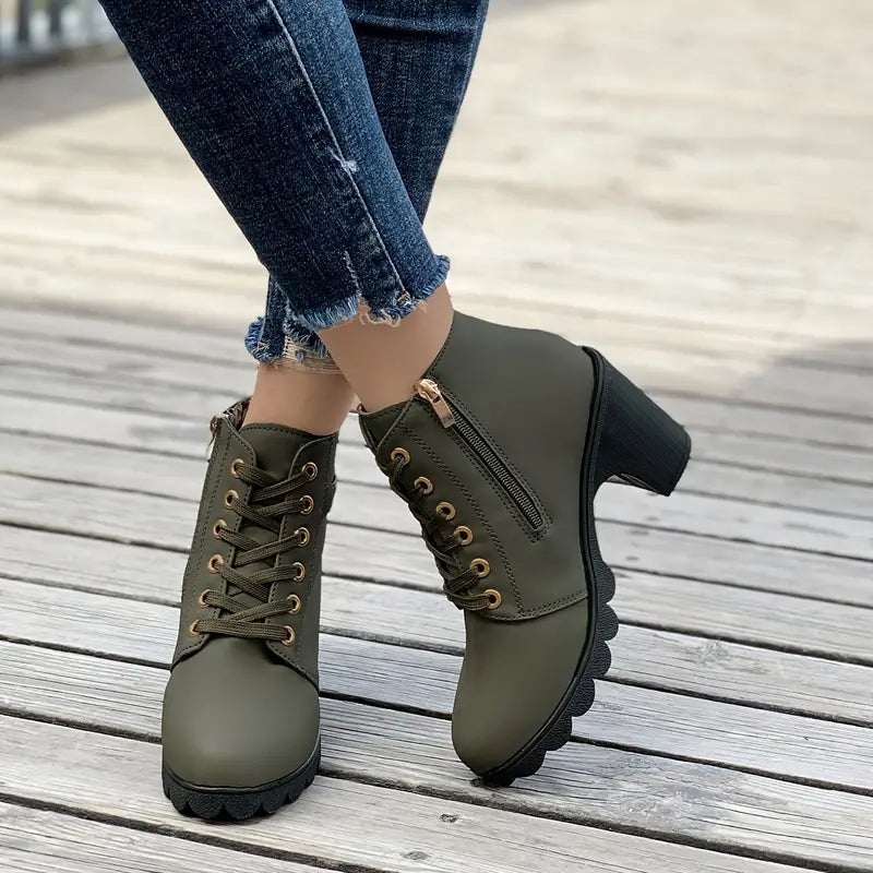 Lace-Up Chunky Heel Ankle Boots green2