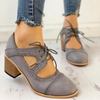 Vintage & Breathable Lace-Up Block Heels grey2