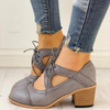 Vintage & Breathable Lace-Up Block Heels grey