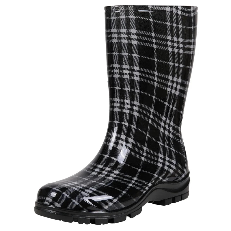 Waterproof Rain Boots for Women black plaid