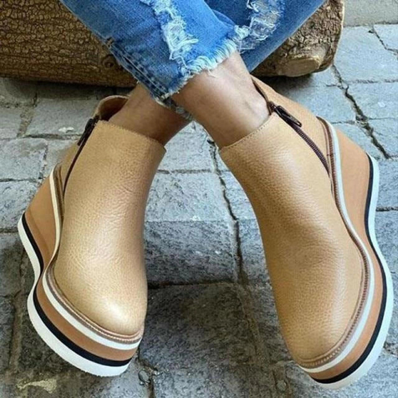 Comfortable Leather Wedge Ankle Boots